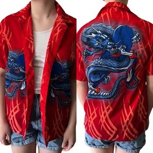90s / Y2K Vintage Dragon Print Flame Anime Samurai Skateboarding Button Up Shirt